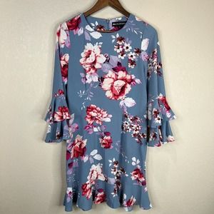 Jill Stuart Women's Floral‎ Print Ruffled Bell Sleeve Mini Dress Blue Pink Large